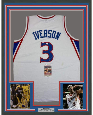 Framed Autographed/Signed Allen Iverson 35x39 Philly White Retro Jersey JSA COA