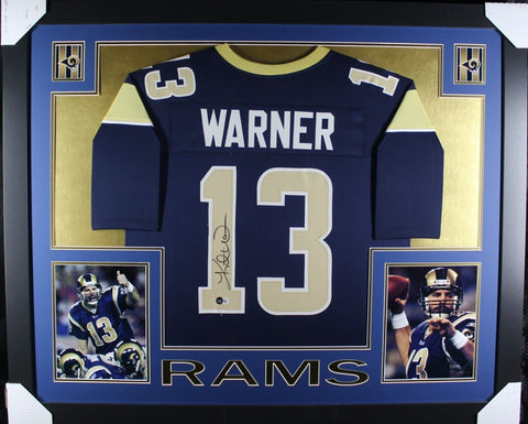 KURT WARNER (Rams navy SKYLINE) Signed Autographed Framed Jersey Beckett