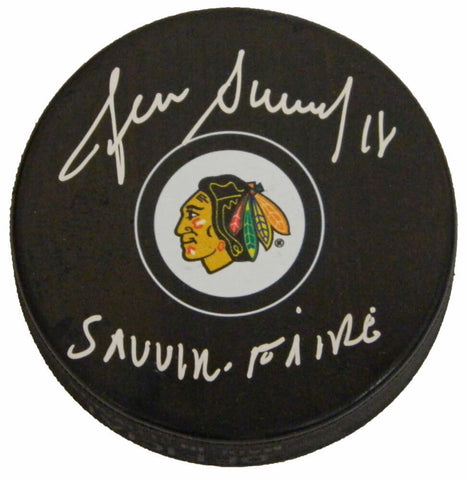 DENIS SAVARD Signed Chicago Blackhawks Logo Hockey Puck w/Savoir Faire - SS