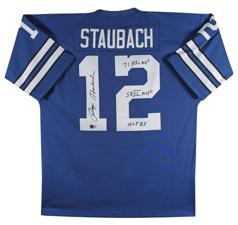 Cowboys Roger Staubach "3x Insc" Signed Blue Throwback M&N Jersey BAS Witnessed