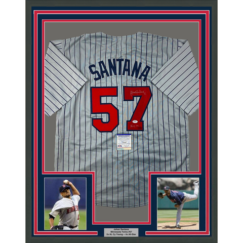 Framed Autographed/Signed Johan Santana 33x42 Grey Pinstripe Jersey PSA/DNA COA