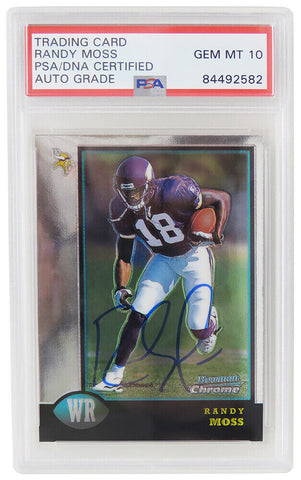 Randy Moss Autographed Vikings 1998 Bowman Chrome Rookie Card #182 (PSA Auto 10)