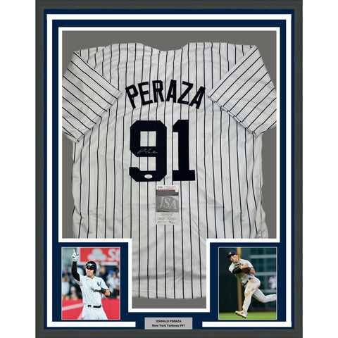 Framed Autographed/Signed Oswald Peraza 35x39 New York Pinstripe Jersey JSA COA