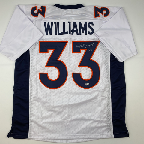 Autographed/Signed Javonte Williams Denver White Football Jersey Beckett BAS COA