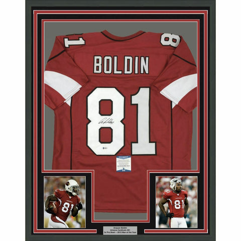 FRAMED Autographed/Signed ANQUAN BOLDIN 33x42 Arizona Red Jersey Beckett BAS COA