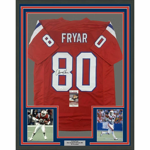 FRAMED Autographed/Signed IRVING FRYAR 33x42 New England Red Jersey JSA COA