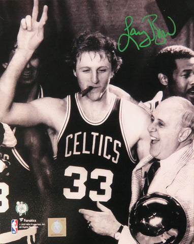 Larry Bird Signed Boston Celtics Celebration w/ Auerbach B&W 8x10 Photo - SS COA