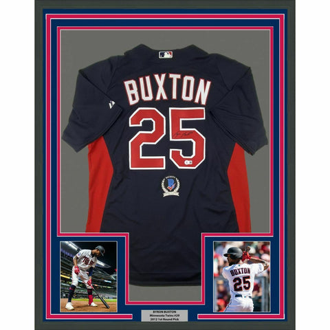 FRAMED Autographed/Signed BYRON BUXTON 33x42 Twins Blue Majestic Jersey BAS COA