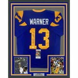 FRAMED Autographed/Signed KURT WARNER 33x42 Retro Blue Football Jersey JSA COA