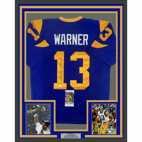 FRAMED Autographed/Signed KURT WARNER 33x42 Retro Blue Football Jersey JSA COA