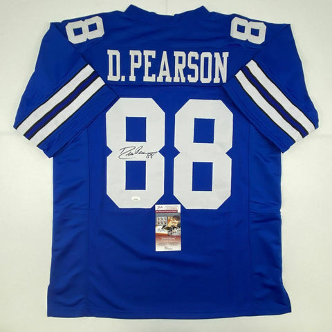 Autographed/Signed DREW PEARSON Dallas Blue Football Jersey JSA COA Auto