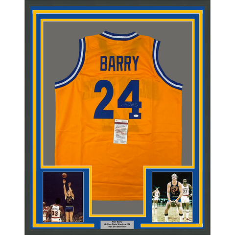 Framed Autographed/Signed Rick Barry 33x42 Golden State Yellow Jersey JSA COA