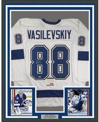 FRAMED Autographed/Signed ANDREI VASILEVSKIY 33x42 TB White Jersey PSA/DNA COA