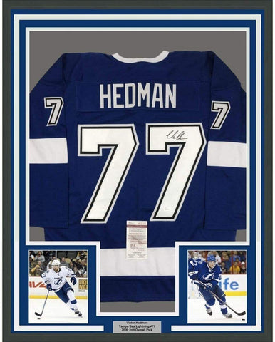 FRAMED Autographed/Signed VICTOR HEDMAN 33x42 Tampa Bay Blue Jersey JSA COA Auto