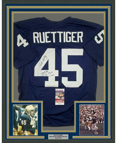 FRAMED Autographed/Signed RUDY RUETTIGER 33x42 Play ND Blue Jersey JSA COA