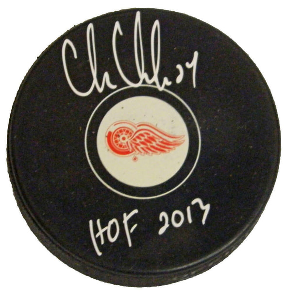 CHRIS CHELIOS Signed Red Wings Logo Hockey Puck w/HOF 2013 - SCHWARTZ