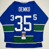 Autographed/Signed Thatcher Demko Vancouver Blue Hockey Jersey JSA COA