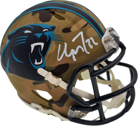 CHRISTIAN MCCAFFREY AUTOGRAPHED PANTHERS CAMO SPEED MINI HELMET BECKETT 192523