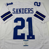 Autographed/Signed Deion Sanders Dallas White Football Jersey Beckett BAS COA