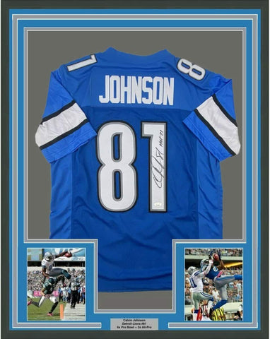 FRAMED Autographed/Signed CALVIN JOHNSON 33x42 HOF 21 Blue Jersey JSA COA