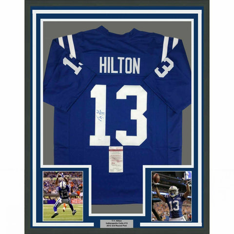 FRAMED Autographed/Signed TY HILTON 33x42 Indianapolis Blue Jersey JSA COA Auto