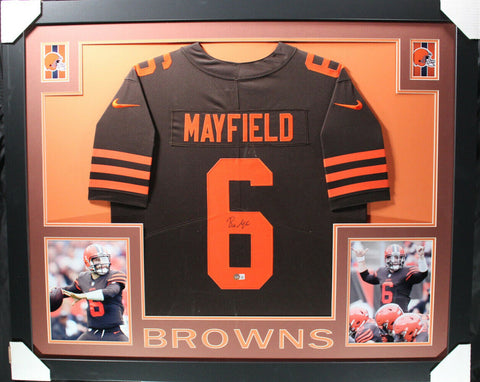 Baker Mayfield Autographed Framed Nike Vapor Brown XL Jersey Beckett 35349