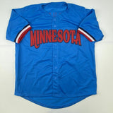 Autographed/Signed JUSTIN MORNEAU Minnesota Retro Blue Baseball Jersey JSA COA