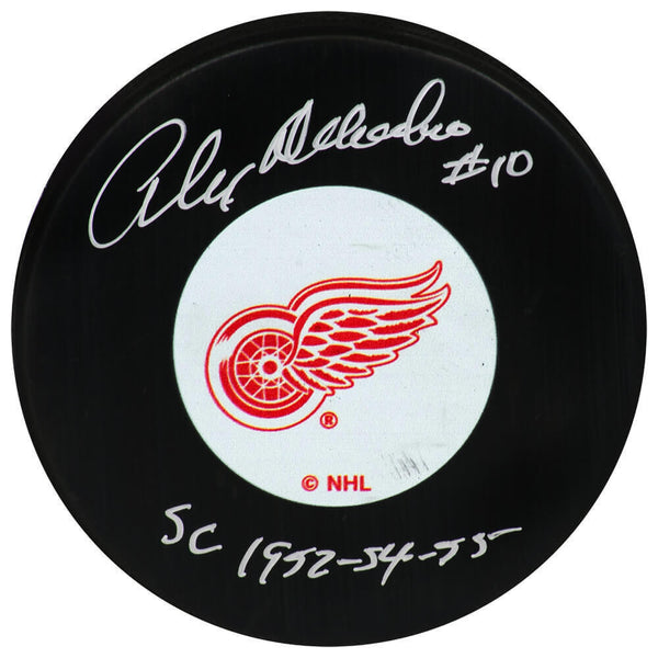 Alex Delvecchio Signed Red Wings Logo Hockey Puck w/SC 1952-54-55 (SCHWARTZ COA)