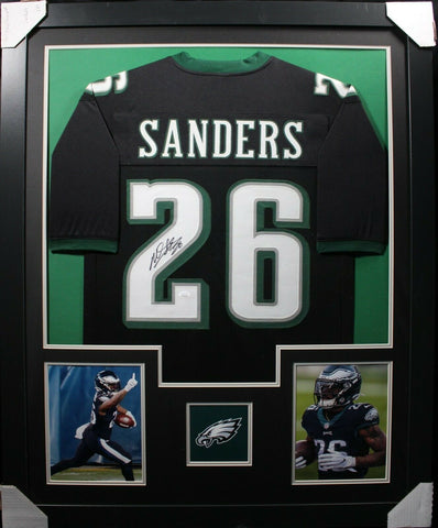 MILES SANDERS (Eagles black TOWER) Signed Autographed Framed Jersey JSA