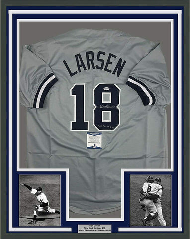Framed Autographed/Signed Don Larsen Inscribed 33x42 NY Grey Jersey Beckett COA