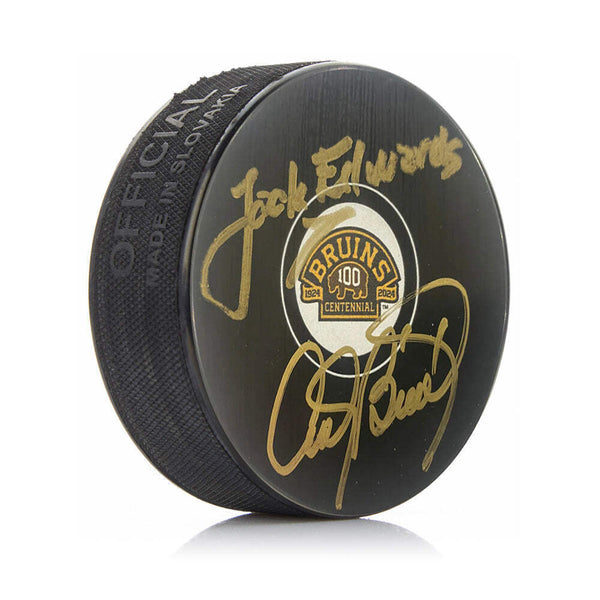 Jack Edwards Andy Brickley Boston Bruins 100th Ann. Autographed Puck JSA PSA