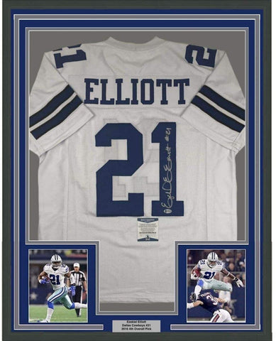 FRAMED Autographed/Signed EZEKIEL ELLIOTT 33x42 Dallas White Jersey Beckett COA