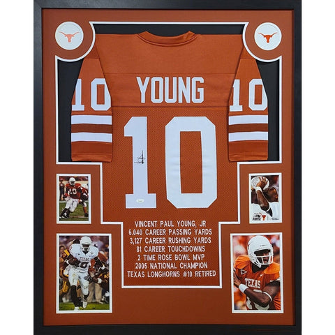 Vince Young Autographed Signed Framed Stat Texas Longhorns Jersey JSA