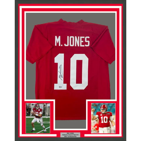 Framed Autographed/Signed Mac Jones 33x42 Alabama Red College Jersey Beckett COA