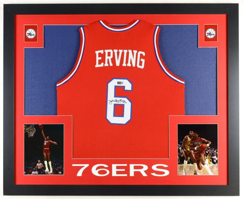 Julius Erving AKA "DR J" Signed Philadelphia 76ers 35"x 43" Framed Jersey (JSA)