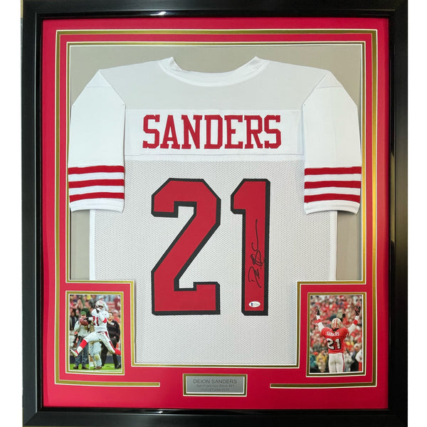 Framed Autographed/Signed Deion Sanders 33x42 SF White Alternate Jersey BAS COA