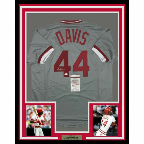 FRAMED Autographed/Signed ERIC DAVIS 33x42 Cincinnati Grey Jersey JSA COA Auto