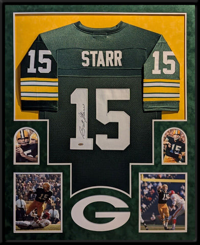 SUEDE FRAMED GREEN BAY PACKERS BART STARR AUTOGRAPHED SIGNED JERSEY STEINER HOLO