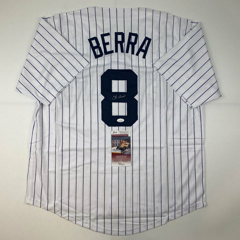 Autographed/Signed Yogi Berra New York Pinstripe Baseball Jersey JSA COA