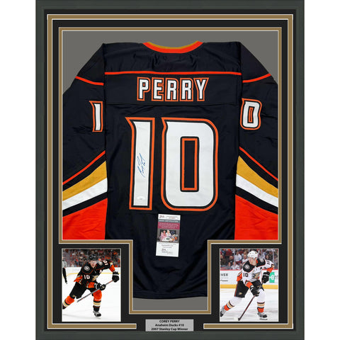 Framed Autographed/Signed Corey Perry 35x39 Anaheim Black Hockey Jersey JSA COA