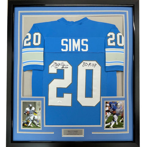 Framed Autographed/Signed Billy Sims 80 ROY 33x42 Detroit Blue Jersey JSA COA