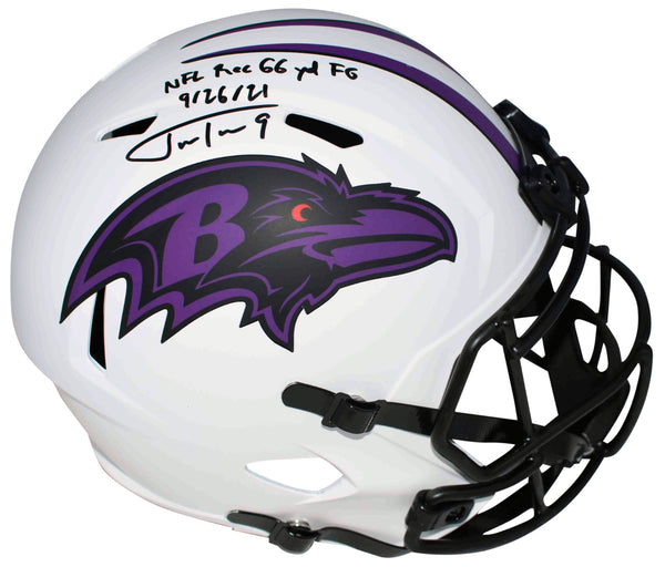 JUSTIN TUCKER SIGNED BALTIMORE RAVENS FULL SIZE LUNAR HELMET W/ RECORD 66 YD FG