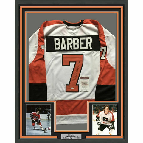 FRAMED Autographed/Signed BILL BARBER HOF 90 33x42 Philly White Jersey JSA COA