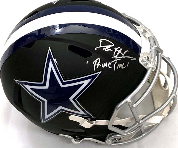 Deion Sanders Signed Cowboys Flat Black Speed Replica Helmet W/ Prime Time BAS