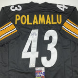 Autographed/Signed TROY POLAMALU Pittsburgh Black Football Jersey JSA COA Auto