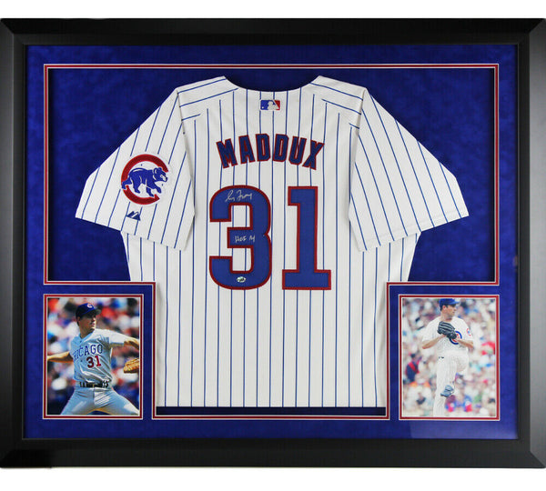 Greg Maddux Signed Chicago Cubs Large Framed Jersey with "HOF 14" Inscription