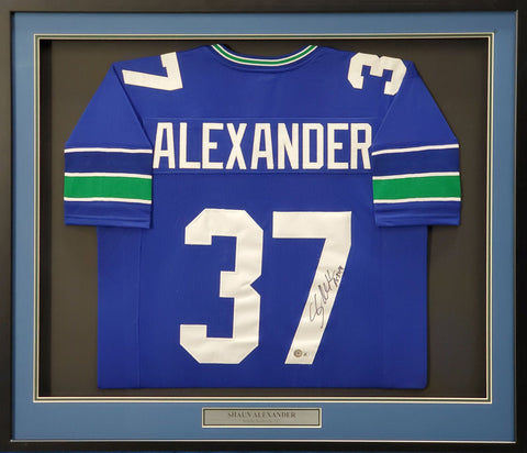 SEATTLE SEAHAWKS SHAUN ALEXANDER AUTOGRAPHED FRAMED BLUE JERSEY BECKETT 200433