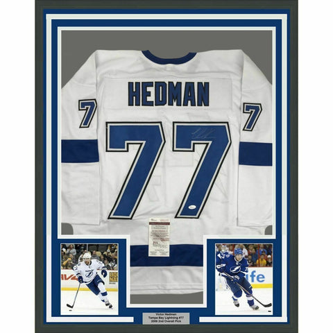 FRAMED Autographed/Signed VICTOR HEDMAN 33x42 Tampa Bay White Jersey JSA COA