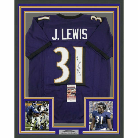 FRAMED Autographed/Signed JAMAL LEWIS 33x42 Baltimore Purple Jersey JSA COA Auto