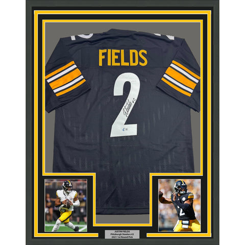 Framed Autographed/Signed Justin Fields 35x39 Pittsburgh Black Jersey BAS COA